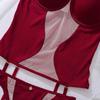 Set lenjerie intimă de damă 3 piese Sexy Push Up Sutien Plasă franceză Respirabil Topuri tip sling Burgundy Lenjerie intimă Sutiene și tanga cu bretele pe picior