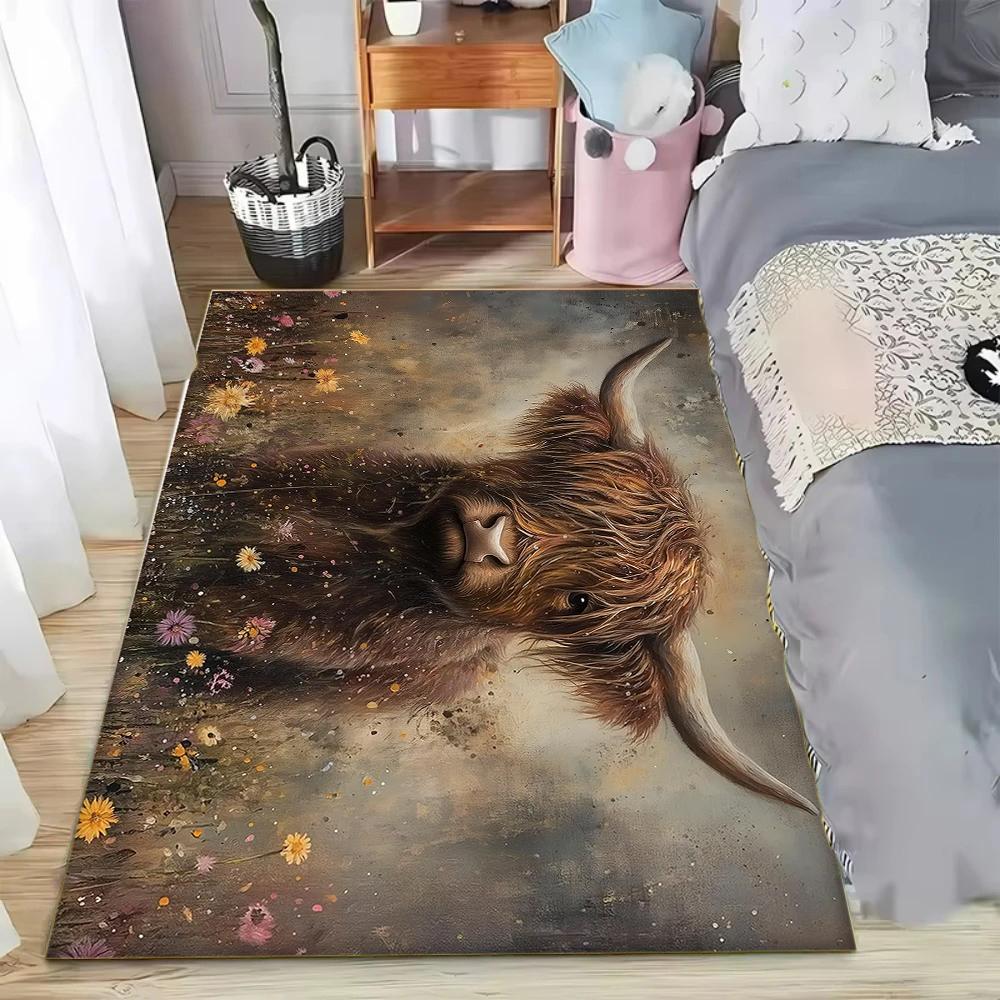 Charming Artistic Scottish Highland Cow Theme Decor Rug for Living Room Bedroom Study Home Decor Comfortable Non Slip Durable