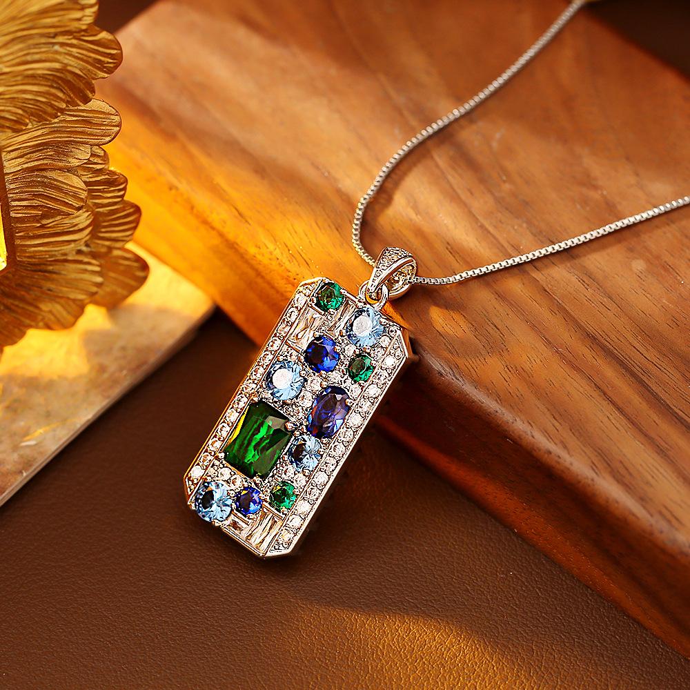 Vintage Colorful Zircon Pendant Necklace Luxury Crystal Choker Chain Jewelry Gift