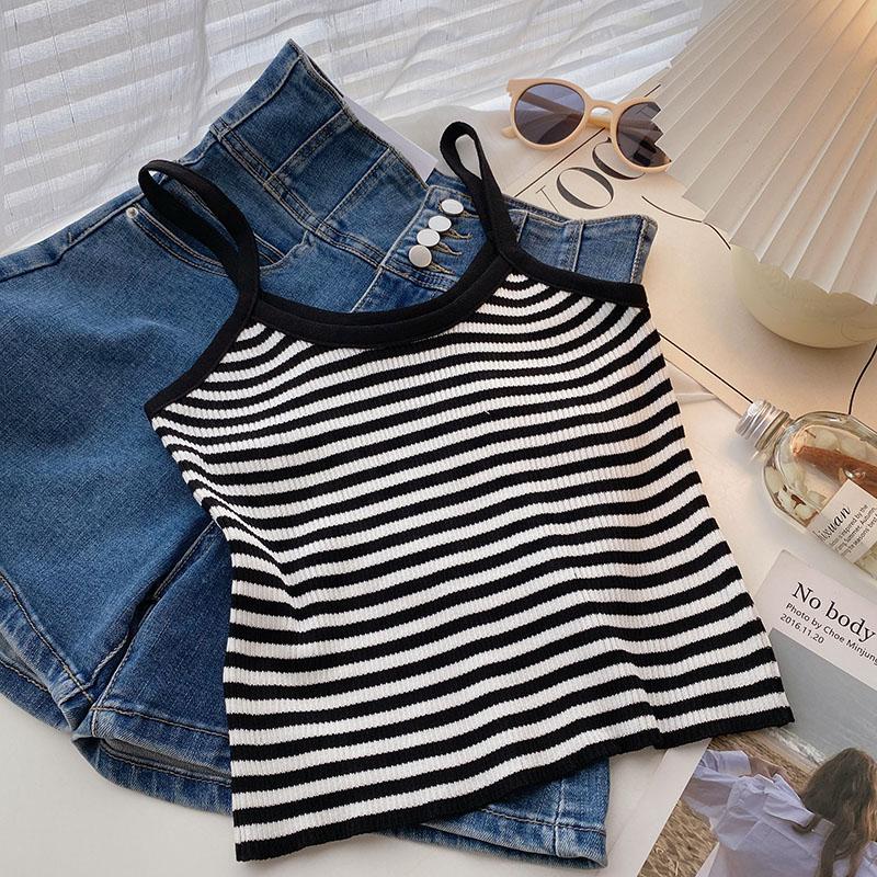 

Женский повседневный укороченный трикотажный топ в полоску белого и зеленого цвета, корейский женский многоцветный полосатый трикотажный топ-майка с круглым вырезом One Size чёрный