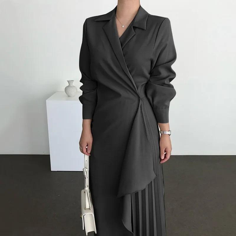 BITCED Fashion Summer Spring Solid Color Print Long Sleeve V-Neck Casual Dresses S чёрный