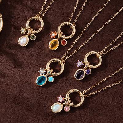Collier Pierre de Naissance DIY 12 Pendentifs Pierre de Naissance Zircon Chaîne de Clavicule Plaqué Or Véritable pour la Conservation de la Couleur
