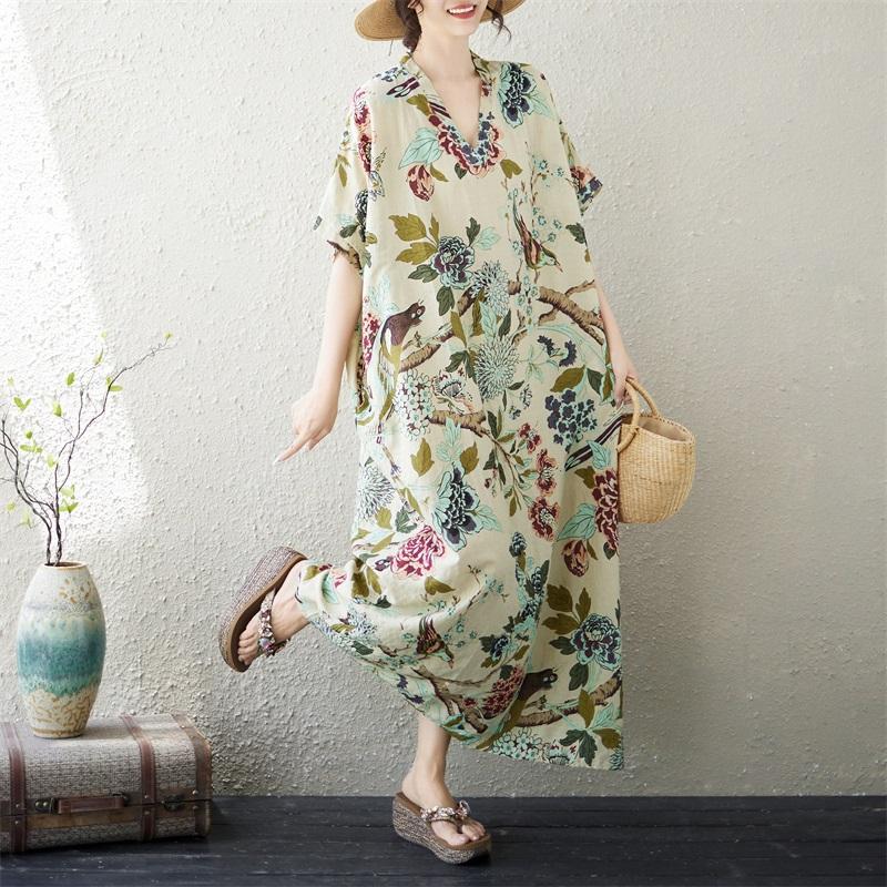 Short Sleeve Plus Size Cotton Vintage Floral New In Dresses for Women Casual Loose Maxi Long Summer Dress