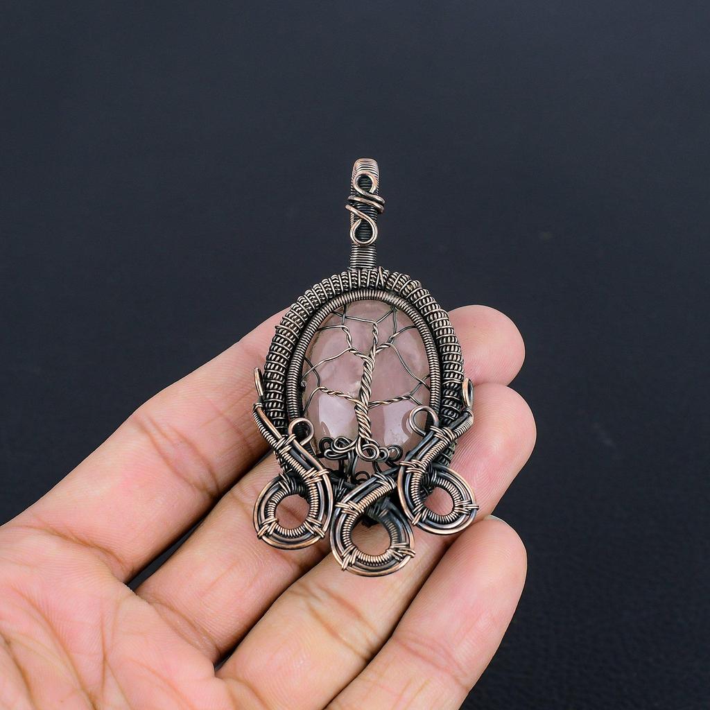 Rose Quartz Jewelry, 999 Copper Wire Wrapped Pendant Handmade Gemstone Jewelry, Gifts For Wife Brand New Pendant