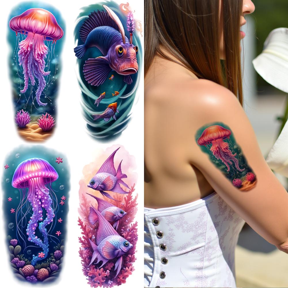 12pcs Temporary Tattoo Colorful Realism Octopus Robot Jellyfish Seahorse For Back Men Women