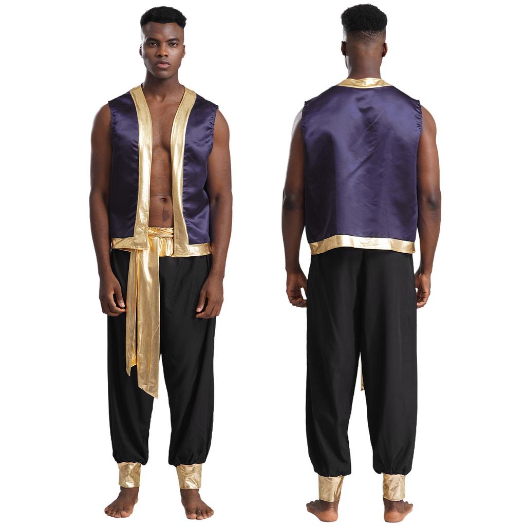 Halloween Arabian Prince Costume for Men M-3XL, 2Pc Metallic Shiny Vest with Open Front & Long Pants, Cosplay Theme Party