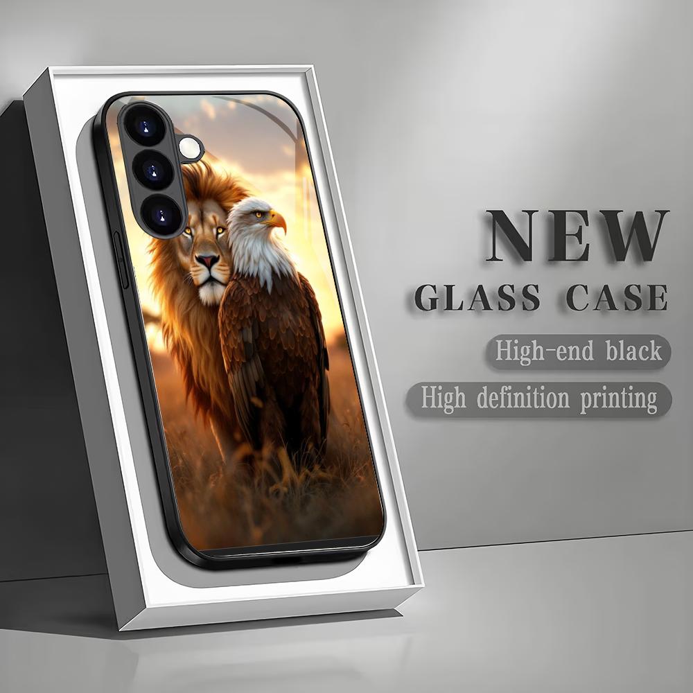 Lion Eagle Pattern Tempered Glass Phone Case Suitable for Samsung Galaxy S26 S25 S24 S22 S21 S20 FE/Ultra/Plus Scratch Resistant