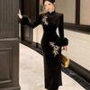 Autumn/Winter Chinese Qipao-Style Embroidered Bell Sleeve Slim-Fit Long Dress