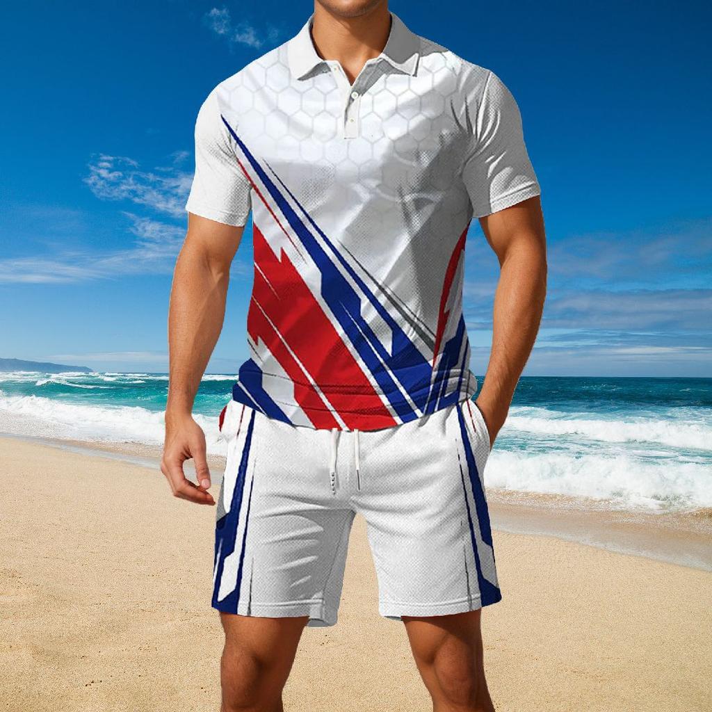 Temu hot-selling European and American fashion new color matching 3D digital printing men's lapel short-sleeved Polo shirt set