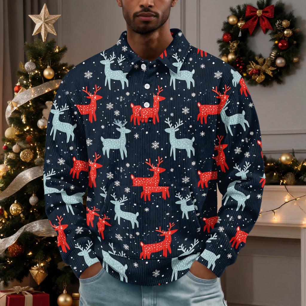Men's Vintage Corduroy Christmas Print Long Sleeve Pullover with Collar and Pocket, Casual Top