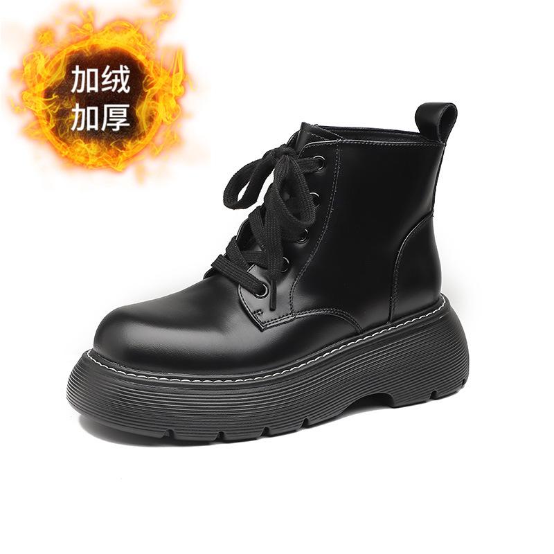 Cigarette boots women's autumn and winter new soft leather platform short boots velvet Chelsea boots British Martin boots