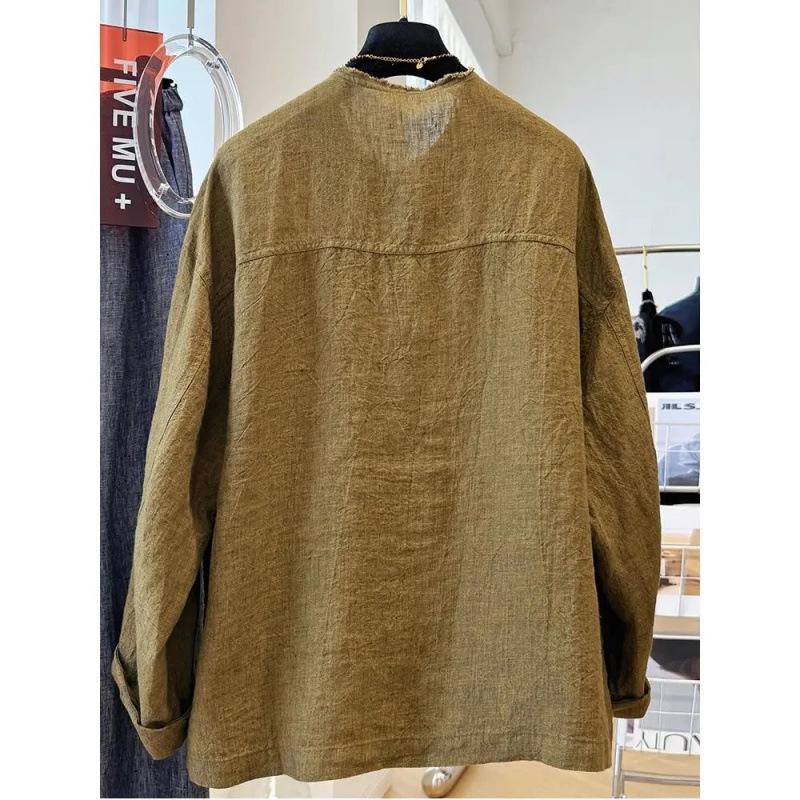 Unisex Plus Size Retro Linen Frayed Edge Shirt - Loose Casual Autumn Outerwear