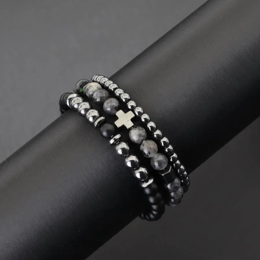 New 3Pcs Natural Stone Beads Bracelet Set With Black Onyx Tiger Eyes Hematite Healing Braclet Gifts For Him Lava Accessories