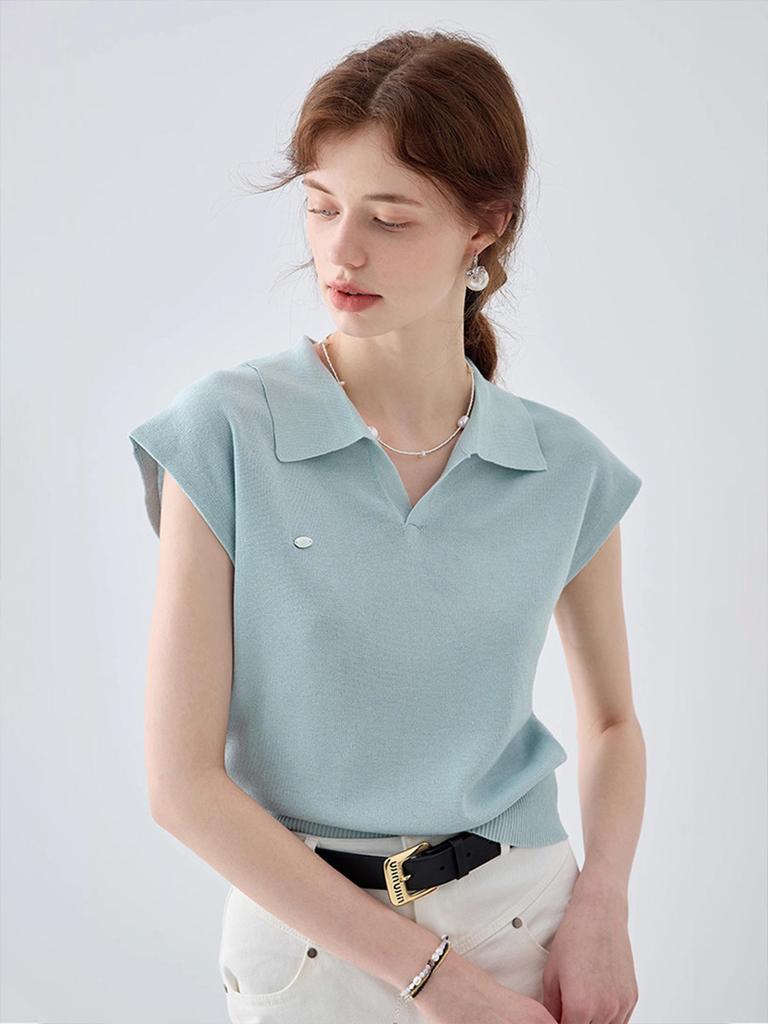 Blue linen tencel lapel knitted short-sleeved women's new summer temperament short polo shirt and top