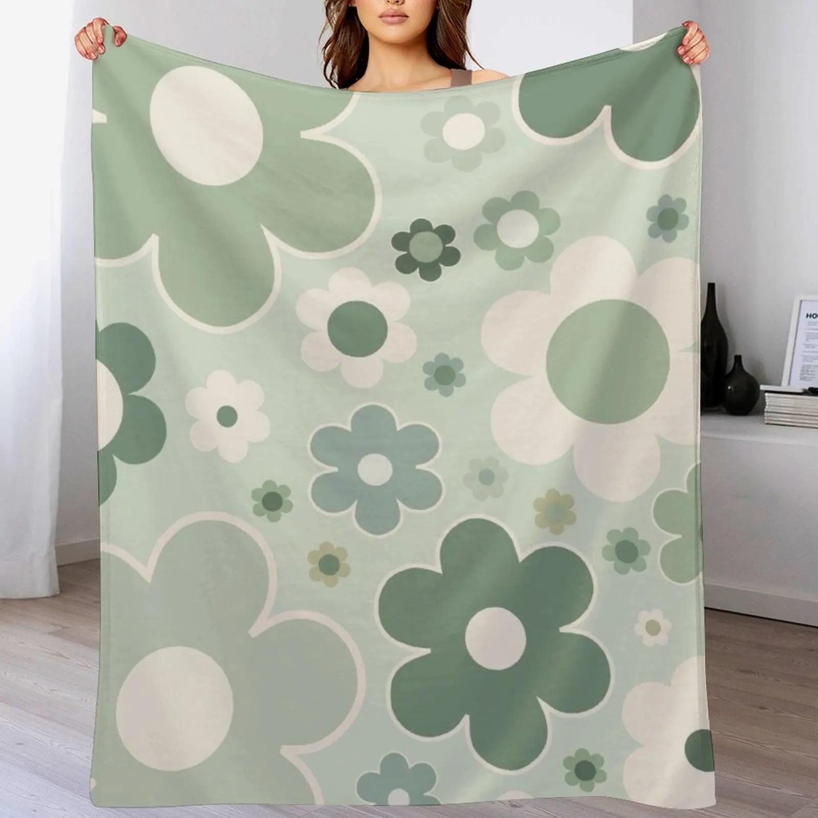 Retro 70s Flowers Sage Green Floral Pattern Aesthetic Modern Flowers Throw Blanket Cozy Throw Blanket Birthday Gift for Him Her 102x76cm(40x30in)
