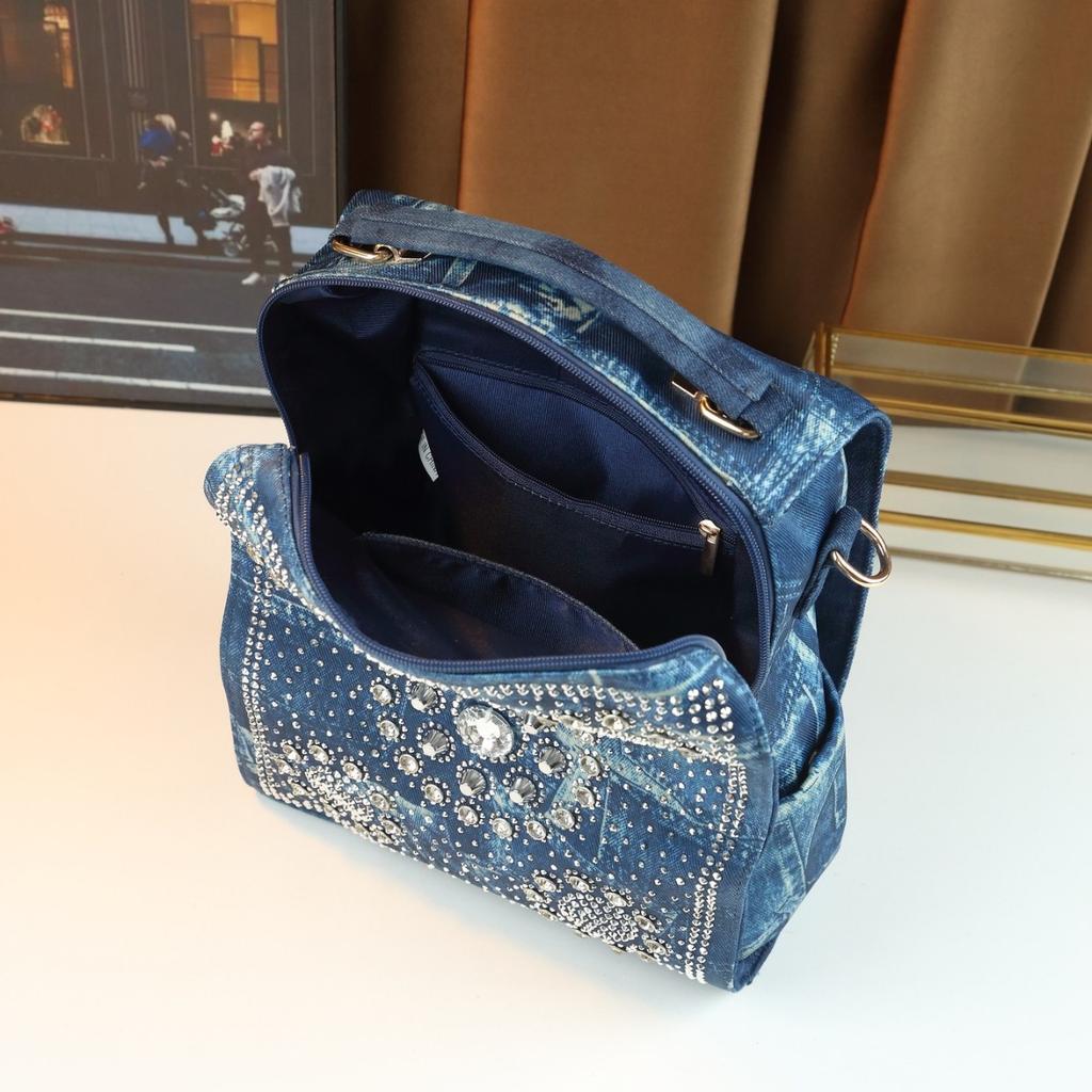 Bags, Fashionable Women'S Diamond-Encrusted Trendy Denim Shoulder Messenger Bag Casual Commuter Handbag Women