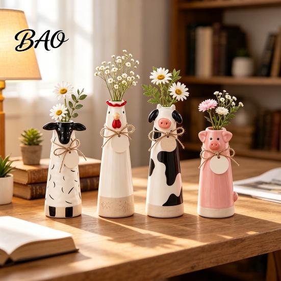 Artistic Resin Table Decoration Cute Animal Vase, Farmhouse Decorative Flower Holder for Home Hand Carved Ornaments Office Decor Pig/Cow/Sheep/Chicken