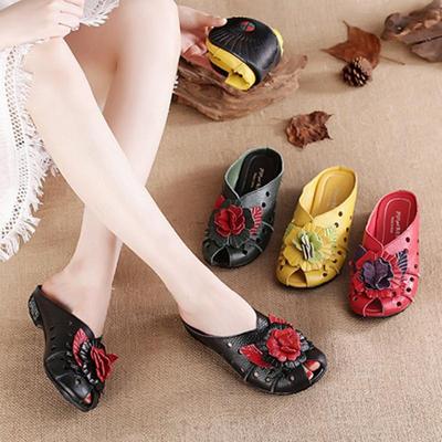 Nouvelles Chaussures d'Été en Cuir Véritable Sandales pour Femmes Style Vieux Pékin Chaussures en Cuir de Vache Fleurs Noir Rouge Jaune Grande Taille 41