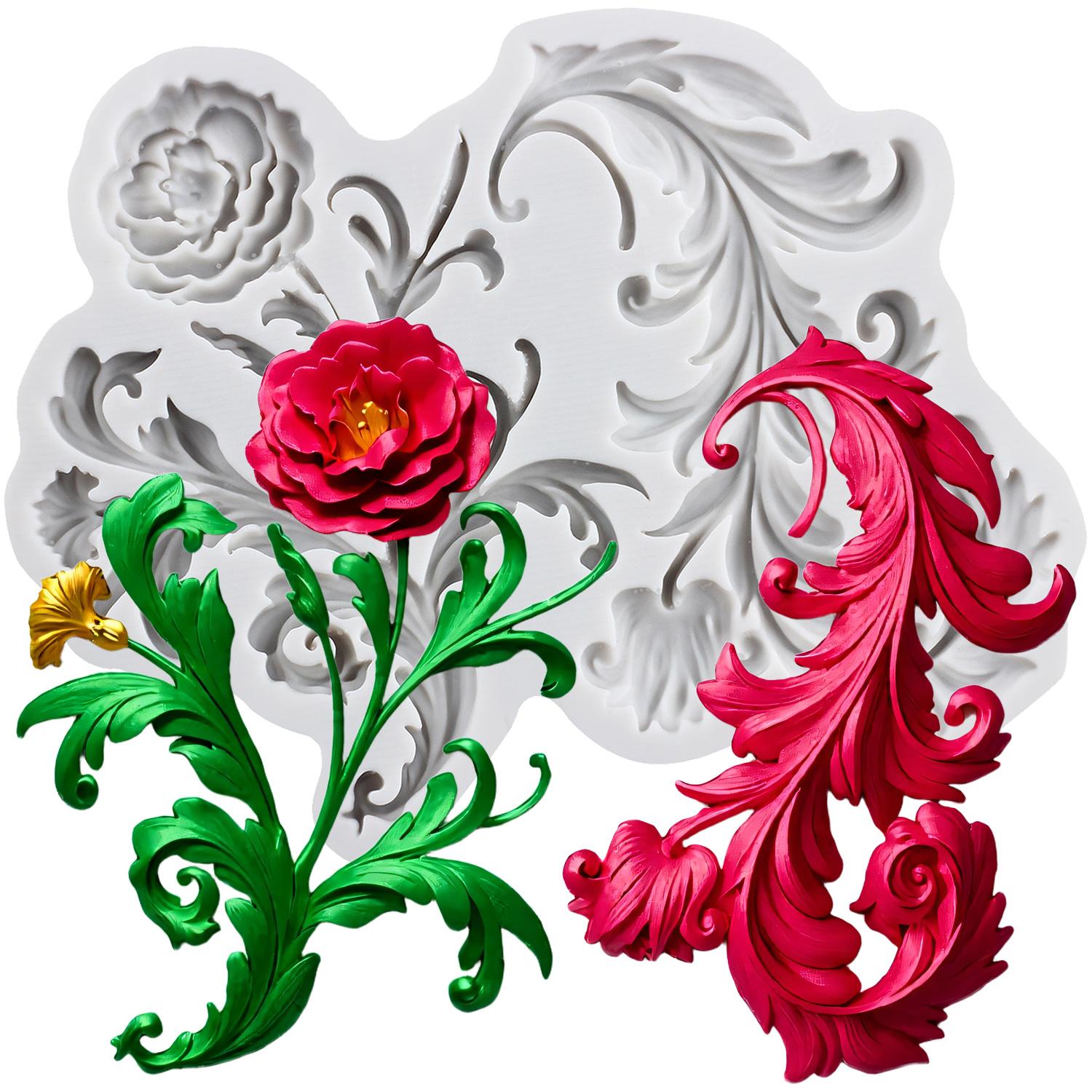 

Силиконовая форма в стиле барокко Лист Лоза Формы для мастики Инструменты для украшения торта Тематический торт Десерт Украшенный Шоколадная форма для конфет серый