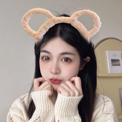 Women Winter Thick Plush Headband Round Bear Ears Makeup Hair Hoop Elastic Candy