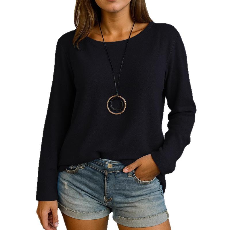 

New Women s Casual Long-sleeved Round Neck Regular Solid Color Multi-color Tops T-shirt L чорний