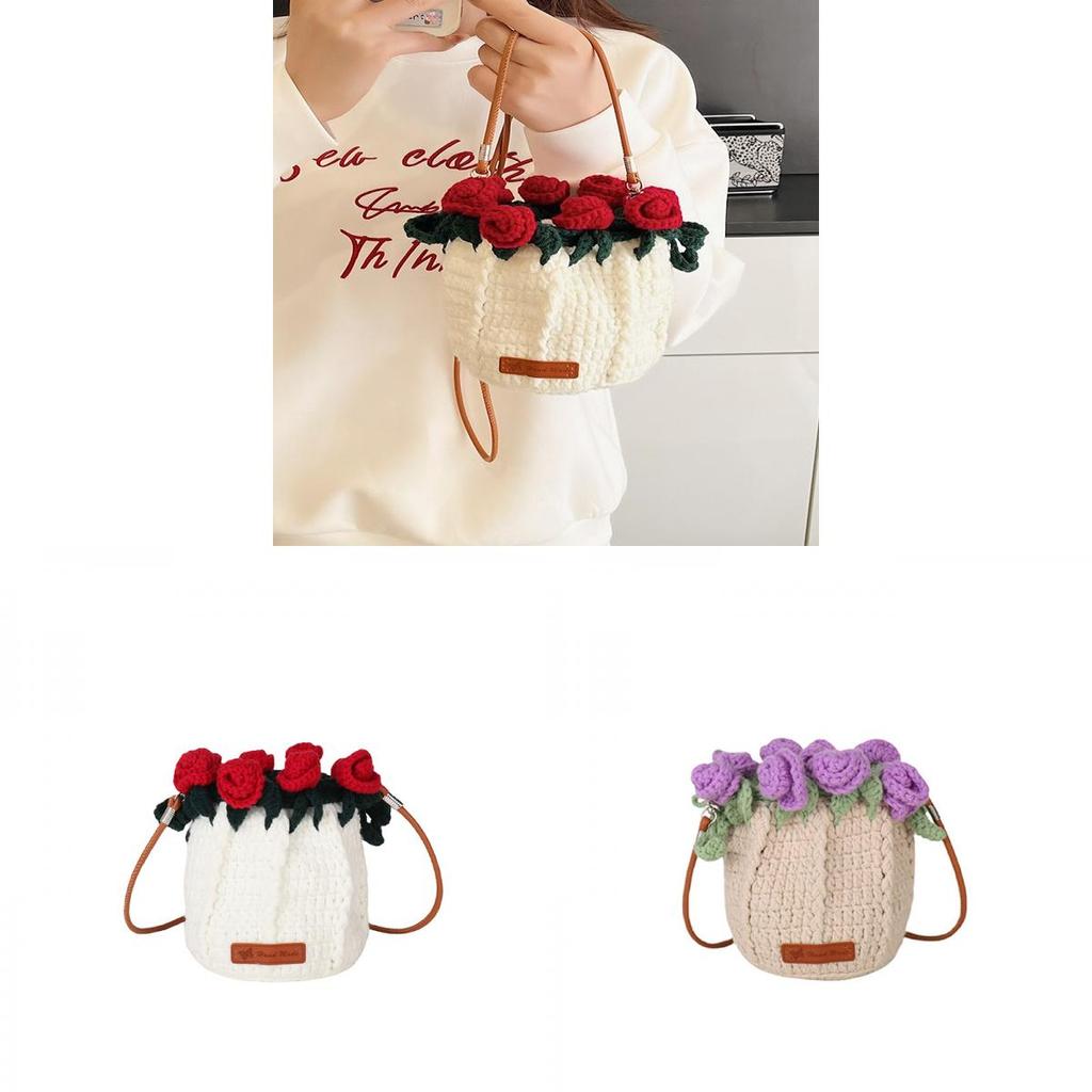 Water Bucket Bag For Women With Knitted Material And Rose Bouquet Design For Daily Use
