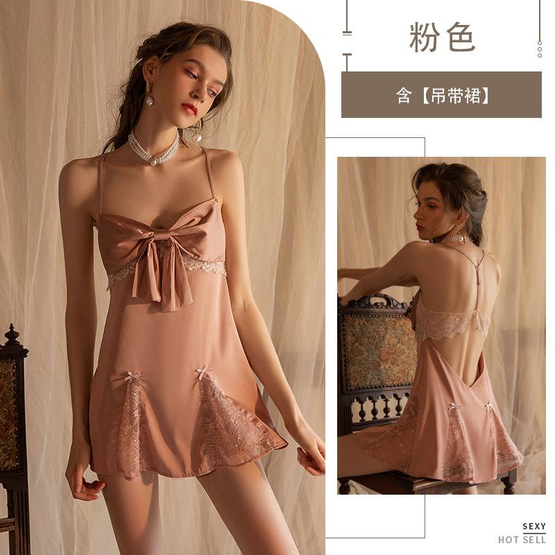 Sex Underwear Chest Butterfly Sexy Pure Desire Perspective Suspender Nightdress Ice Silk Hot Backless Pajama Set