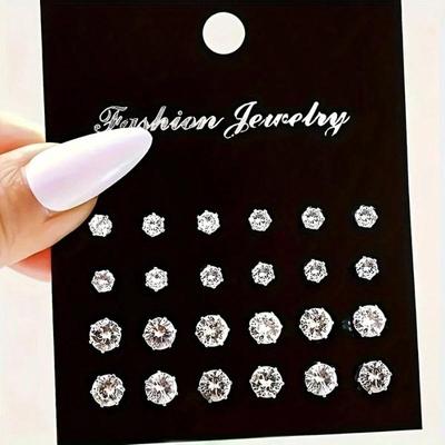48/72Pcs Exquisite Shiny Round Square Stud Earrings Shiny Zircon Inlaid Earrings Set Party Wedding Engagement Anniversary Gifts