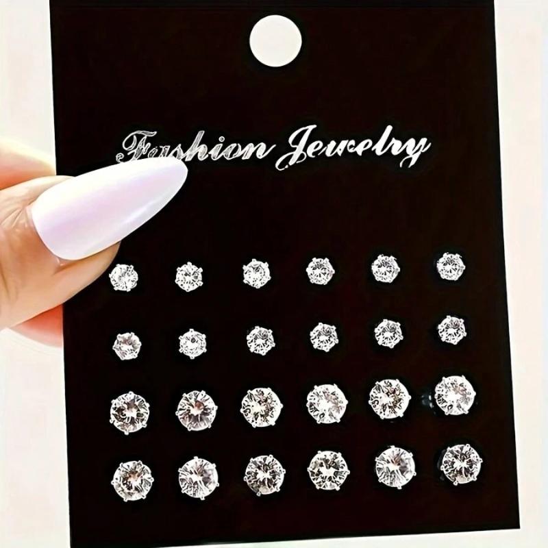 48/72Pcs Exquisite Shiny Round Square Stud Earrings Shiny Zircon Inlaid Earrings Set Party Wedding Engagement Anniversary Gifts