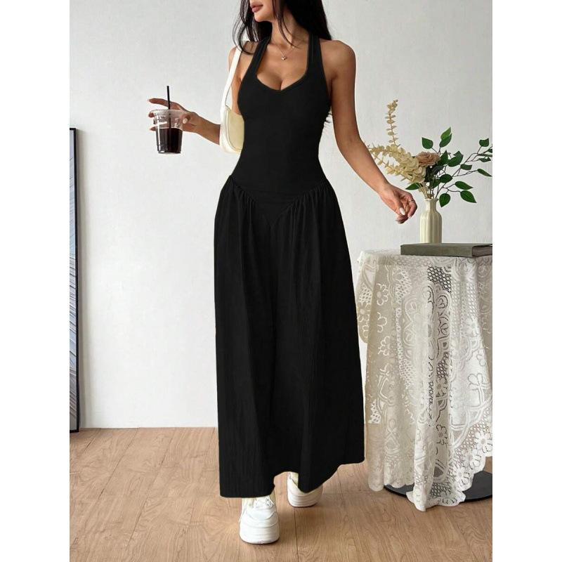European and American French neck strap bow sexy backless pleated waist temperament dress women XXS чёрный