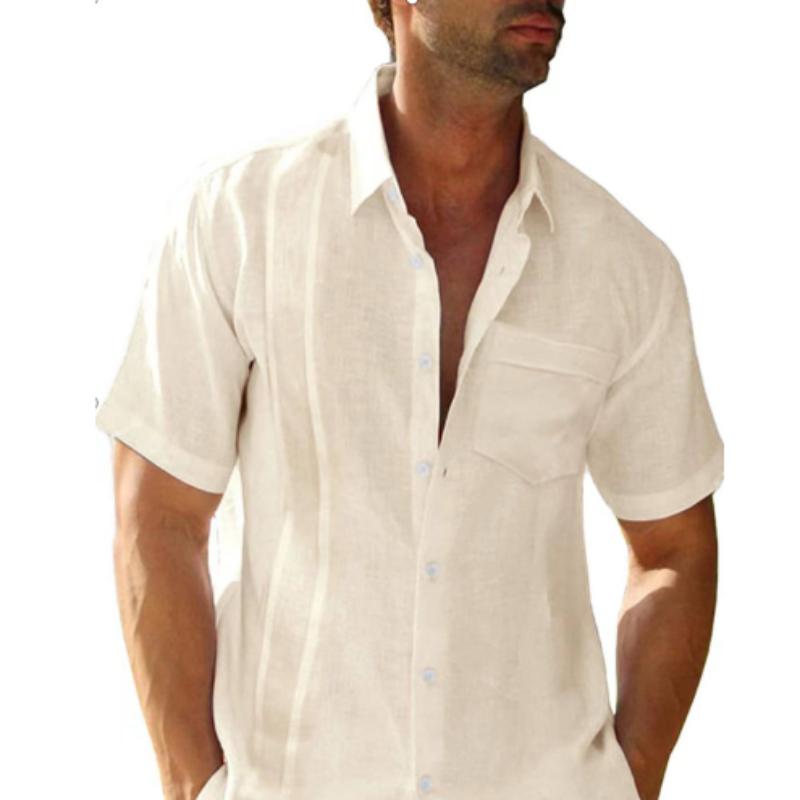 Summer  Men's Cotton and Linen Short Sleeve Shirts Casual Lightweight Button Shirts Vacation Beach Tops with Pocket