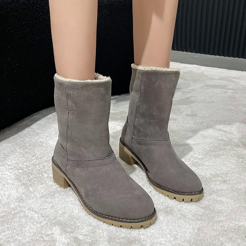 

Мода 2025 Женская Уличная Дизайнерская Обувь Теплый Квадратный Каблук Круглый Носок Однотонные Ботильоны Зимняя Мода Повседневные Удобные Ботинки 36 серый