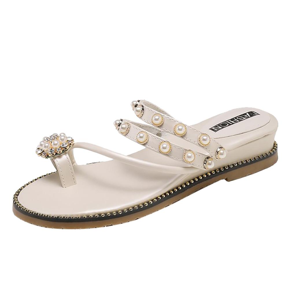 

Женские пляжные сандалии на танкетке с жемчугом, летняя обувь, модная повседневная обувь средней высоты бежевый