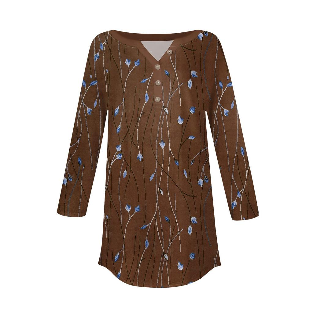 3/4 Length Sleeve Womens Tops Summer T-Shirts Floral Print V Neck Casual Basic Tee Button Shirts Tunic Tops