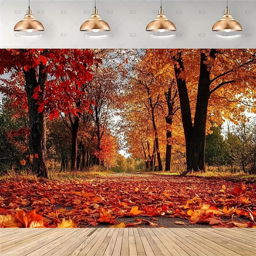 Rustic photographic backdrop: Maple forest, orange autumn leaves, pumpkin banner, for baby shower decorations49