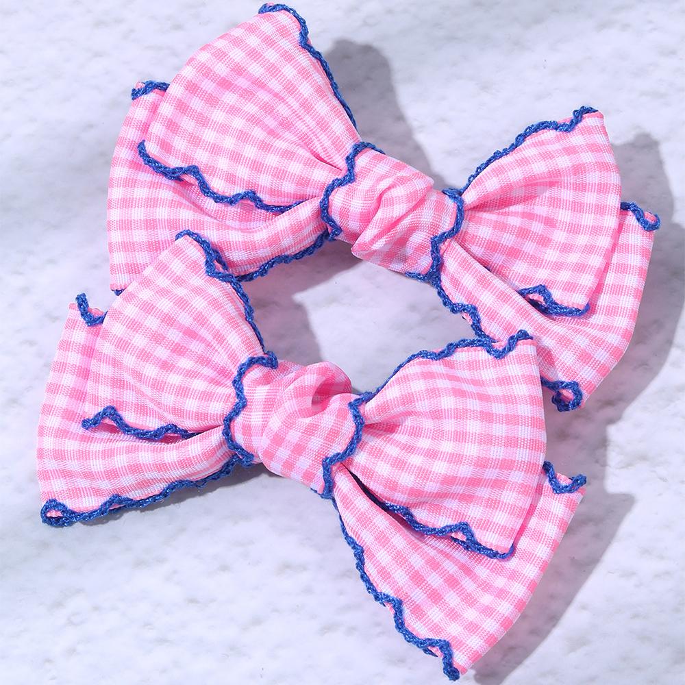 2Pcs Lovely Handmade Fabric Plaid Barrette Hair Bow Clip with Moonstitch Edge Hair Clip School Gingham Headdress