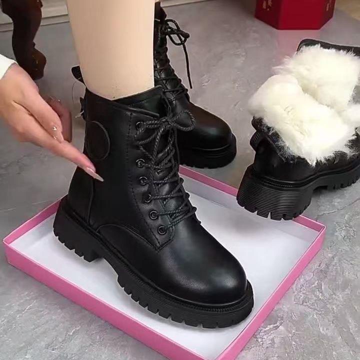 Women's Genuine Leather Martin Boots: Thick Sole, Plus Velvet, Wool-Lined, Warm, British Style, Autumn/Winter Snow Boots.