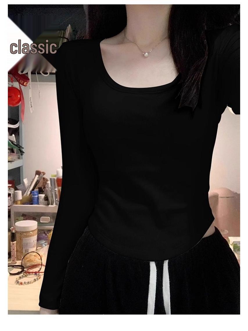 

Women s Square Neck Long Sleeve Thermal Fleece Top, Slim Fit, White, 2025 Autumn/Winter. S чёрный