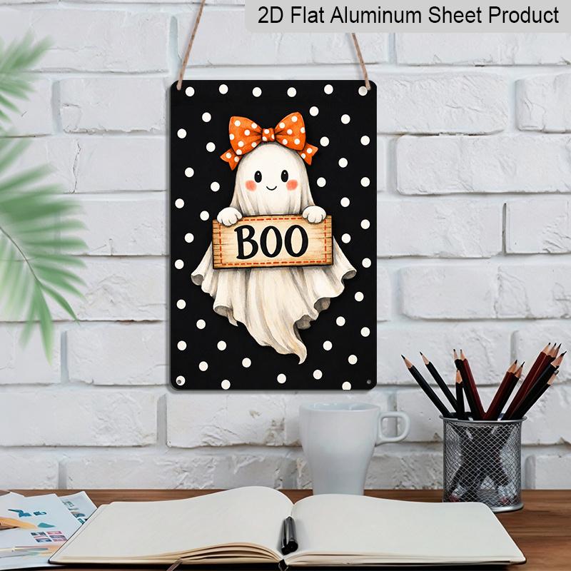 2D Flat Cute Ghost Boo Orange Bow Polka Dot Aluminum Metal Sign‑8.0x12.0inch Halloween Wall Decor, Spooky Sweet Ghost Hanging Plaque, Pre‑Drilled