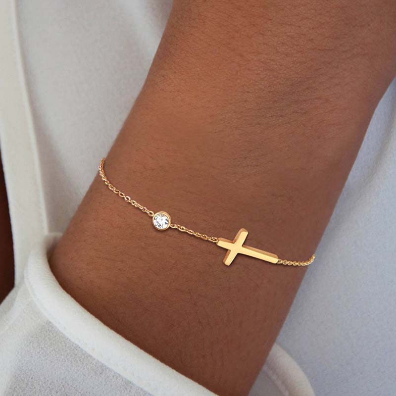 Fashion Simple Gold Color Cross Chain Bracelet for Women Shiny CZ Zircon Charm  Hand Bracelet Wedding Jewelry
