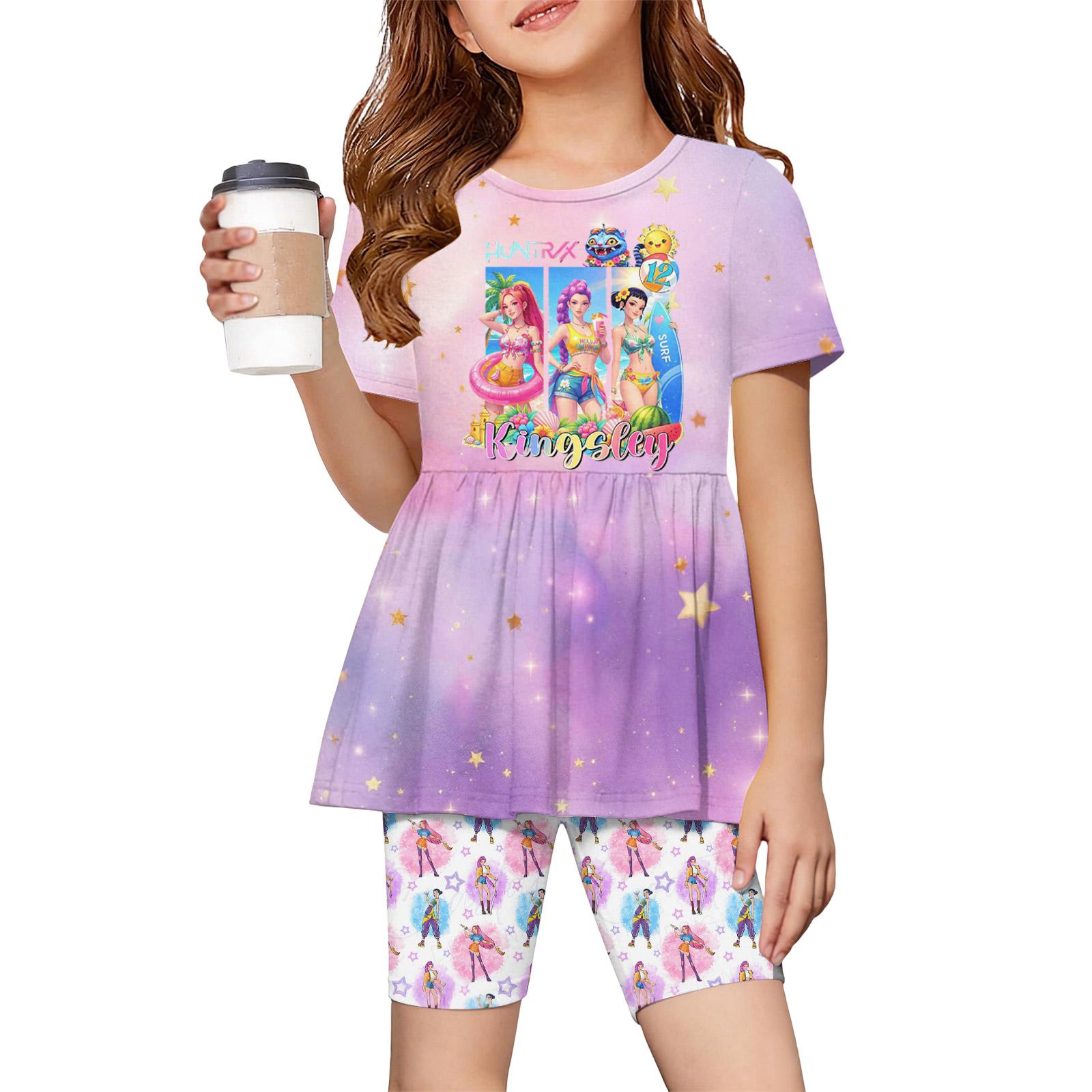 Fashionable Girls Summer Set Short Sleeved Ruffled Hem Top+Shorts 130