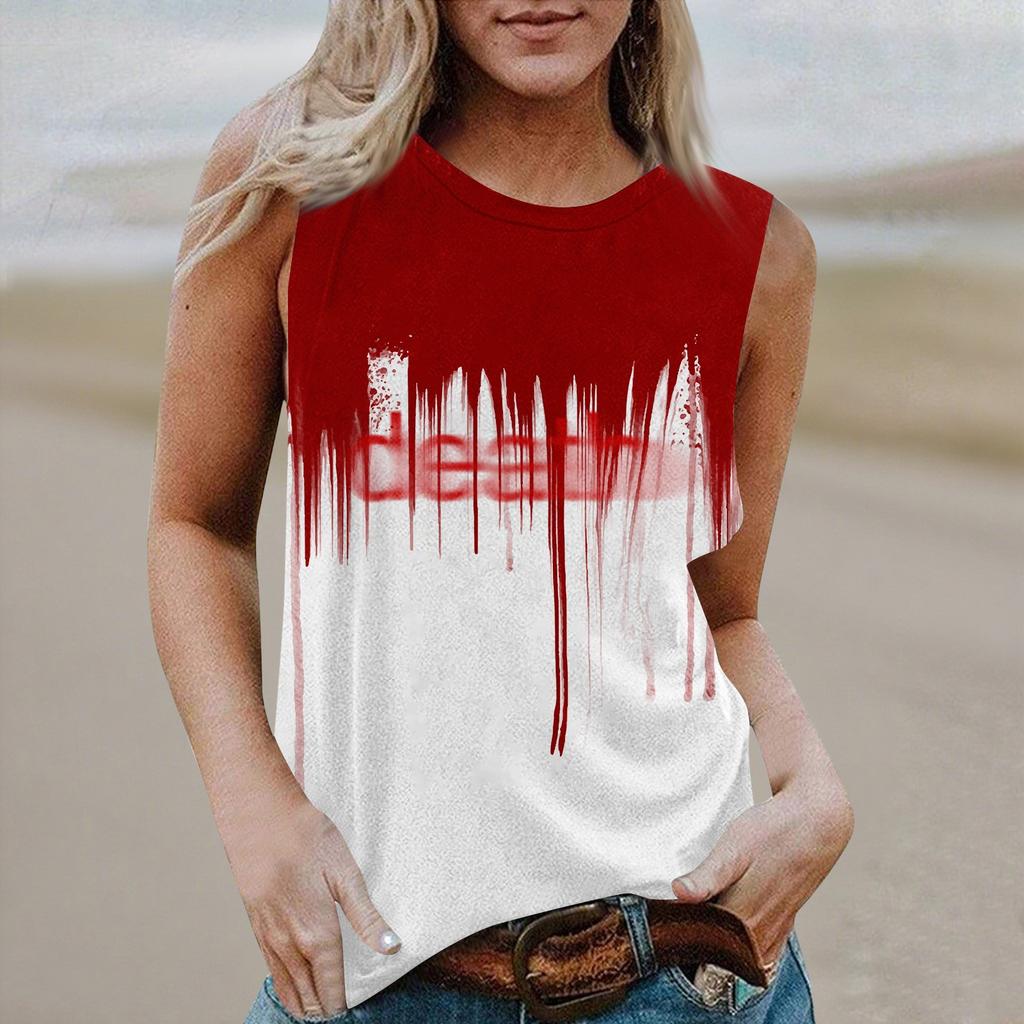 Women's Round Neck Casual Sleeveless Halloween Printed Vest T-Shirt Top