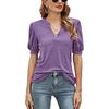 Summer Women's Casual V-Neck Solid Color Puff Sleeve Loose T-Shirt Top for Women European & American Crossborder Apparel