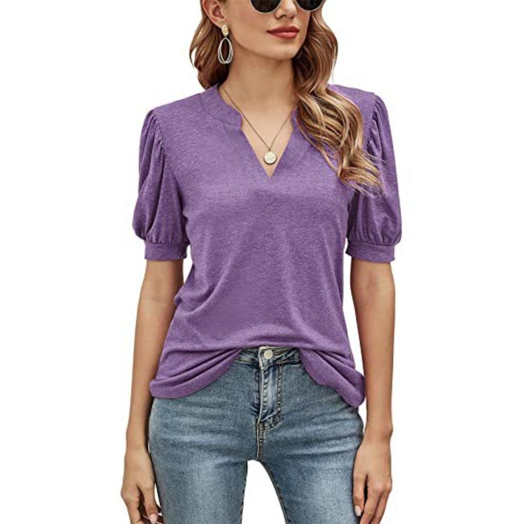 Summer Women's Casual V-Neck Solid Color Puff Sleeve Loose T-Shirt Top for Women European & American Crossborder Apparel
