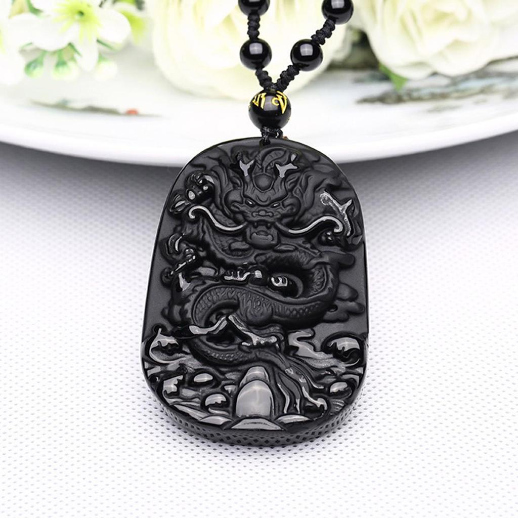 Black Dragon Lucky Blessing Beads Pendant Necklace Natural Obsidian Hand Carved