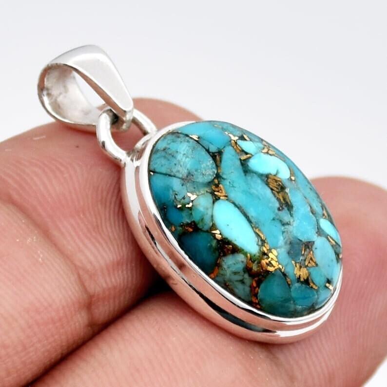 Blå kopparturkos ädelstenshänge, 925 sterlingsilver, Handgjorda smycken, Designhänge, Boho-smycken