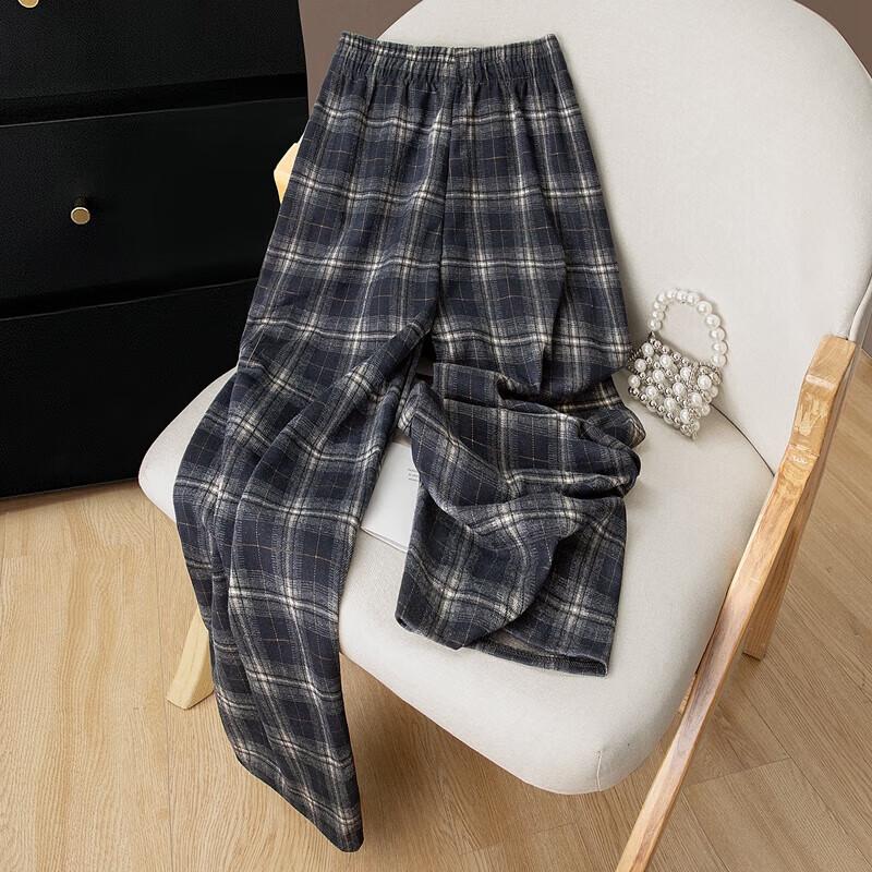 Sibaishe Women's Plaid Elastic Waist Loose Casual Pants