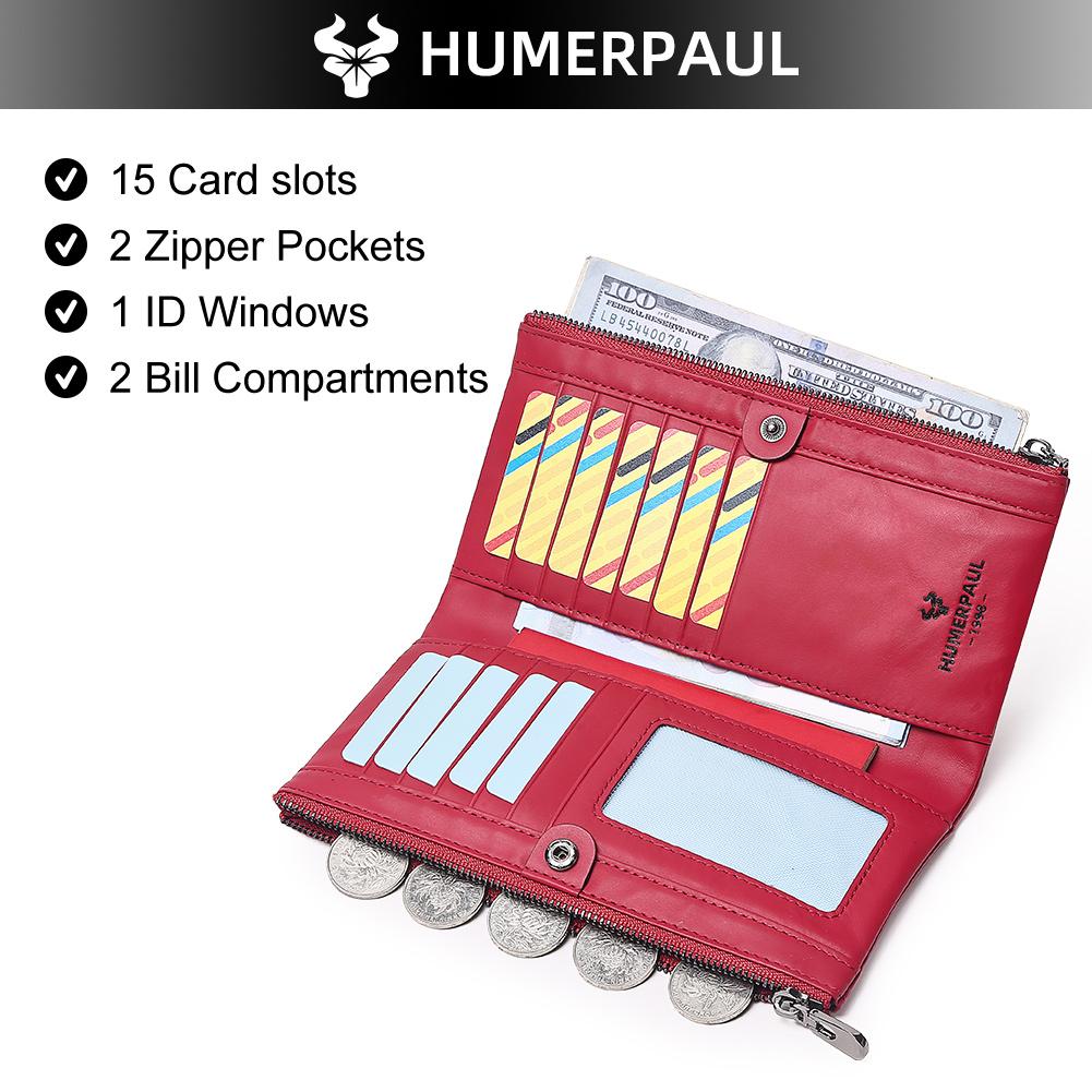 Humerpaul Women Leather Wallet Hand-held Wallet Large-capacity Multi-function First-layer Cowhide Wallet Folding Coin Purse