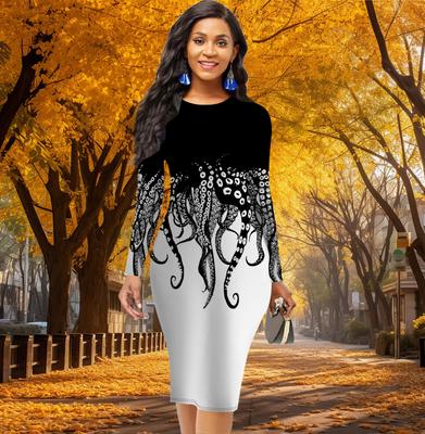 Sukienka Bodycon Elegancka z Długim Rękawem, Dopasowana w Talii, Biurowa, Slim Fit, z Nadrukiem Wąsów Ośmiornicy