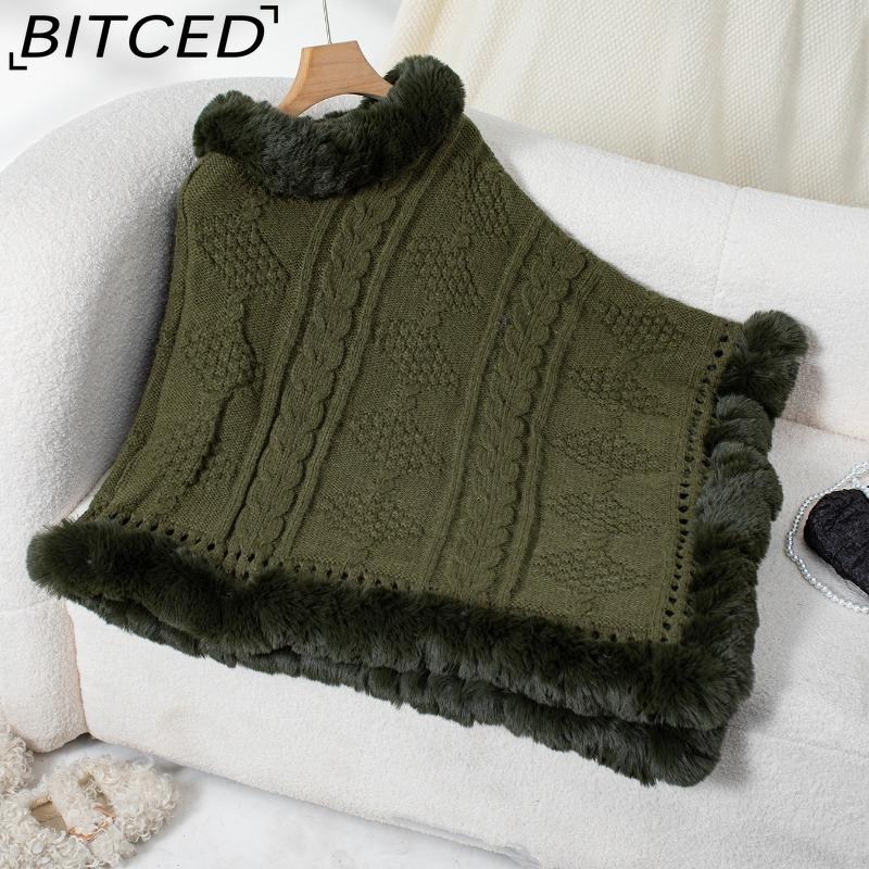 BITCED Oversized Fall/Winter Warm Faux Rabbit Fur Collar Cape Chunky Cable Knit Sweater Jacket